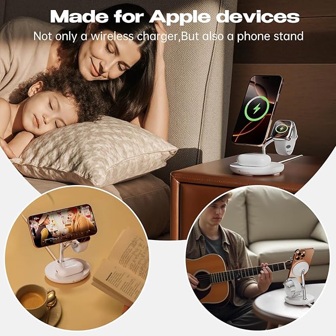 3-in-1 Magnetic Wireless Charger for iPhone 12-16Fast Charging Station for Apple Watch &amp AirPods | MagSafe Desktop Dock 360° Adjustable Stand