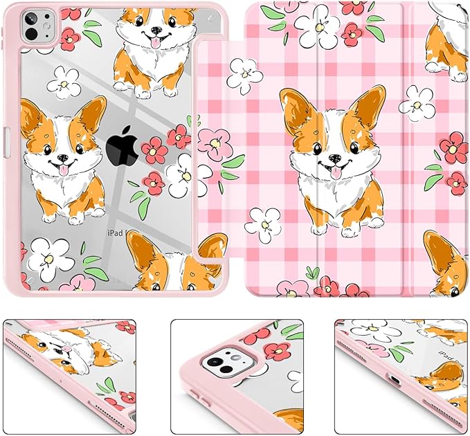 May Chen Case for iPad Pro 11-Inch M5/M4 2025/2024 (6th/5th Generation) [Penceil Holder] Trifold Stand Auto Wake/Sleep Clear TPU Protection Back Cover Corgi Dog Stripes