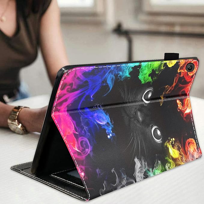 Case for Amazon Kindle Fire HD 10 Tablet 10.1 (9th/7th Generation 2019/2017 Release) Premium PU Leather Stand Cover with Smart Auto Wake Cute Black Cat Face