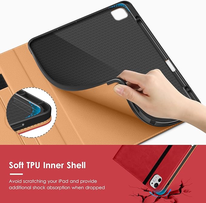 VIKESI Case for iPad Pro 13-inch M5 or M4 Released in 2025 or 2024 Leather Stand Cover with Apple Pencil Holder Auto Wake/Sleep Multiple Viewing Angles Built in Hand Strap &amp PocketRed