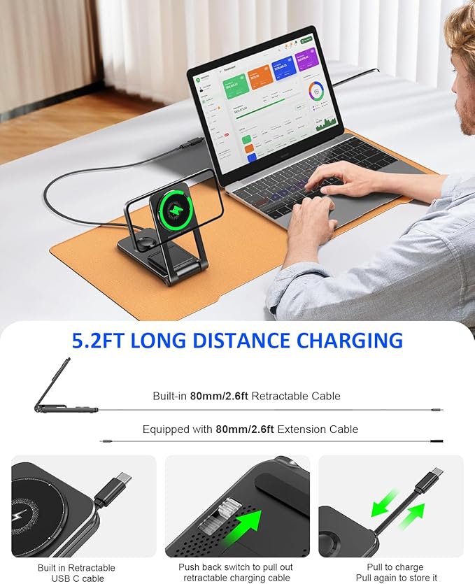 3 in 1 Magnetic Wireless ChargerFoldable Charging Station Built-in Retractable Cable15W Portable Wireless Charging Stand for iPhone 16 15 14 13 12Apple WatchAirPods (20W Adapter) (Black)