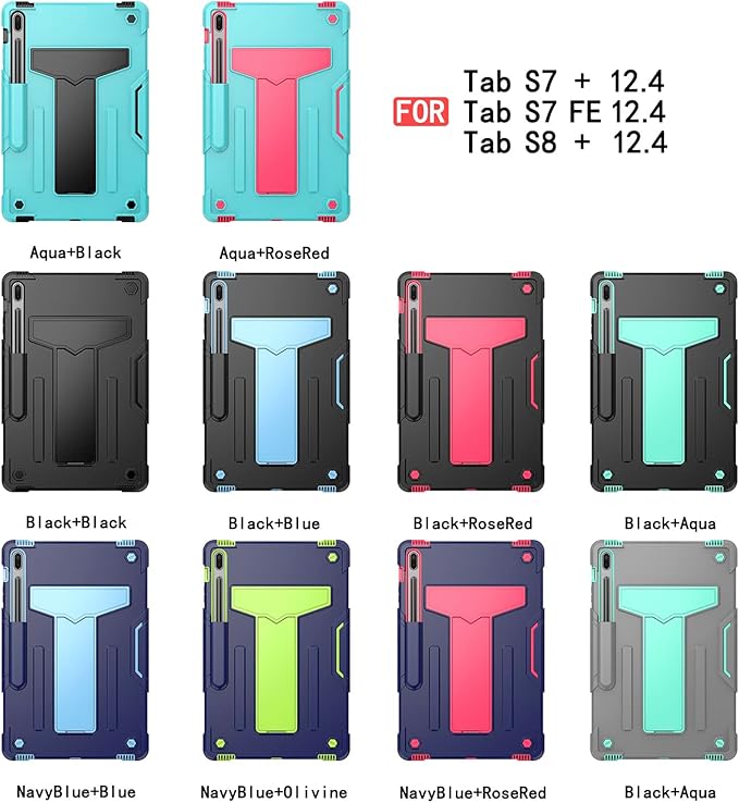 for Samsung Galaxy Tab S7 FE 5G/S8 Plus/S7 Plus Case 12.4 inch (SM-X800/T730/T970) Heavy Duty Protective Rugged Stand Shockproof Cover for Galaxy Tab S7 FE 2021/S8+ 2022/S7+ 2020Black &amp Blue