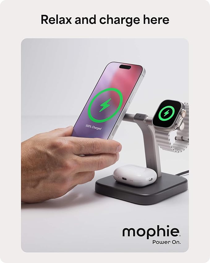 Mophie 3-in-1 Wireless Charging Stand - Qi2-Certified MagSafe Charger for iPhone Apple Watch &amp AirPods – Fast Charging Station with Adjustable Phone Stand &amp Cable Management – Up to 15W Powe