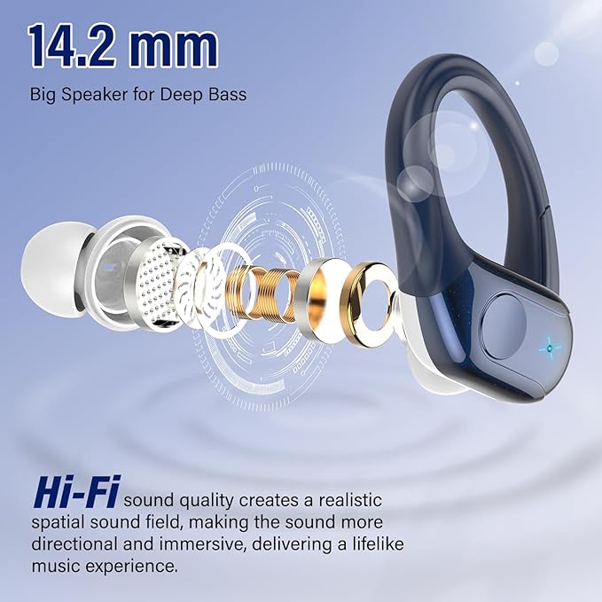 Wireless Earbuds Bluetooth Headphones Stereo Deep Bass Sports Ear Buds with Earhooks Bluetooth Earbuds LED Display IP7 Waterproof Earphone Dark Blue