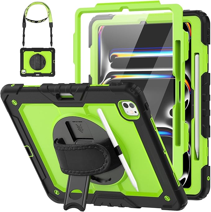HXCASEAC for iPad Pro 13 Inch Case (M5/M4) 2025/2024 Shockproof Design with Pencil Holder Protector Rotating Stand Hand Strap Heavy Duty Protective iPad Pro13 Cover A3360 A3361 A2925 A2926Green