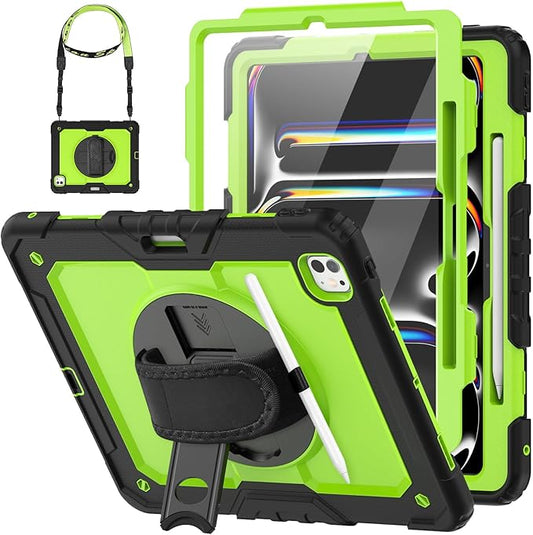 HXCASEAC for iPad Pro 13 Inch Case (M5/M4) 2025/2024 Shockproof Design with Pencil Holder Protector Rotating Stand Hand Strap Heavy Duty Protective iPad Pro13 Cover A3360 A3361 A2925 A2926Green