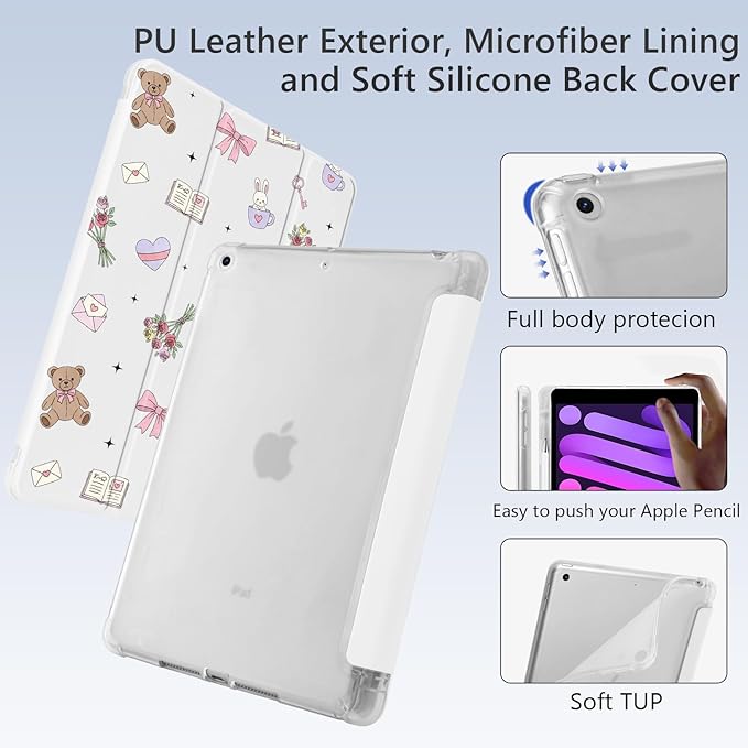 Cute Kawaii Bear Bunny for iPad 5th/6th Generation Case with Pencil Holder Auto Sleep/Wake White Leather Soft TPU Back Cover for iPad 9.7 Inch