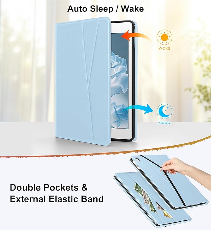 DTTO Rotating Case for iPad 6th / 5th Generation 9.7 Inch 2018/2017 iPad Air 2 / Air 1 Case 360 Degree Swiveling Premium Leather Folio Stand Cover with Pencil Holder - Auto Wake/Sleep Ice Blue