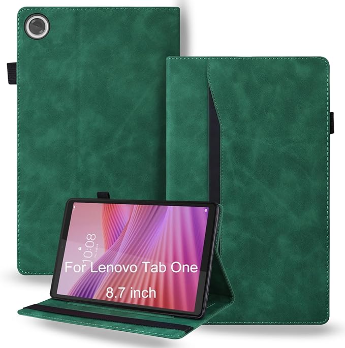 Shockproof Case for Lenovo Tab One 8.7 inch 2025 Model - Retro PU Leather + TPU Hybrid Protective Cover with Anti-Slip Grip Strap &amp Card Slots -Green