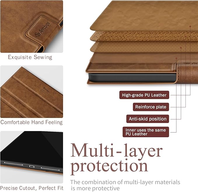 Antbox Case for iPad (A16) 11th (11'')/ 10th Generation (10.9'') High Grade Skin-Touch Vegan Leather with Built-in Pencil Holder Auto Sleep/Wake Function (Tan)
