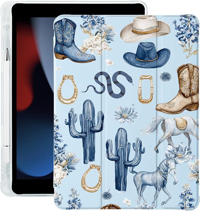 Western Cowboy Flower for iPad Pro 11 Inch Case 4th/3rd/2nd Generation 2022/2021/2020 with Pencil Holder Auto Sleep/Wake Blue Leather Soft TPU Back Cover