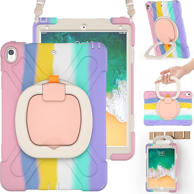BRAECN iPad Air 3 10.5 2019 Case Protective Silicone Case with Hand Grip Pencil Holder Kickstand Shoulder Strap for iPad Air 10.5 (3rd Gen)/iPad Pro 10.5 Inch-Colorful Pink
