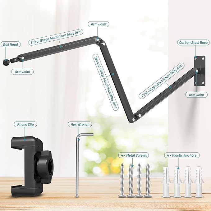 Wall Mount Phone HolderPhone Holder for Desk Bed3-Stage Aluminium iPhone StandFoldable Extendable Arms Heavy Duty Drilling BaseCompatible with 3.5~7.5 iPhone/HTC/LG/Huawei/Galaxy/Smartphones