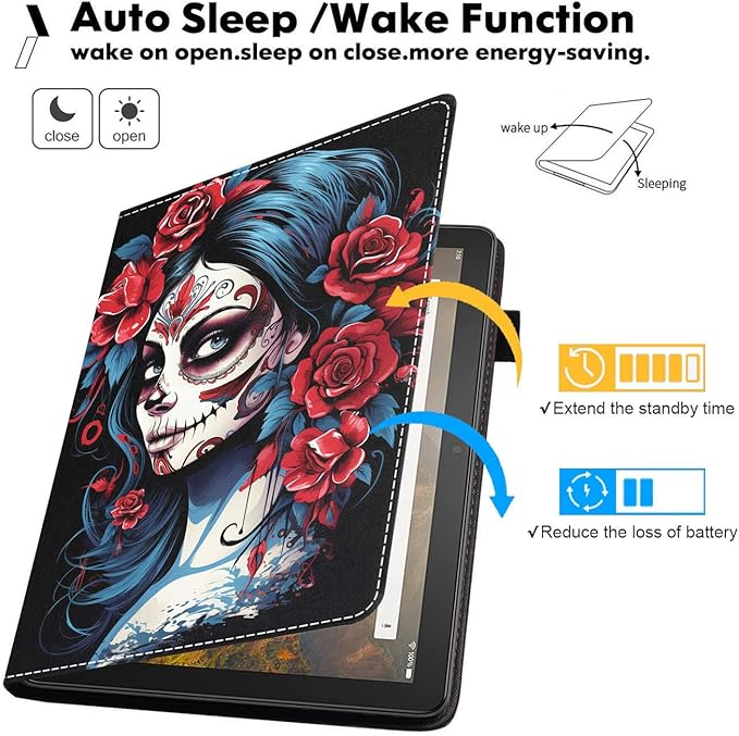 Case for All-New Amazon Kindle Fire HD 10 &amp 10 Plus Tablet (13th/11th Generation 2023/2021 Release) 10.1 - Premium PU Leather Stand Cover with Smart Auto Wake Sugar Skull Girl Rose