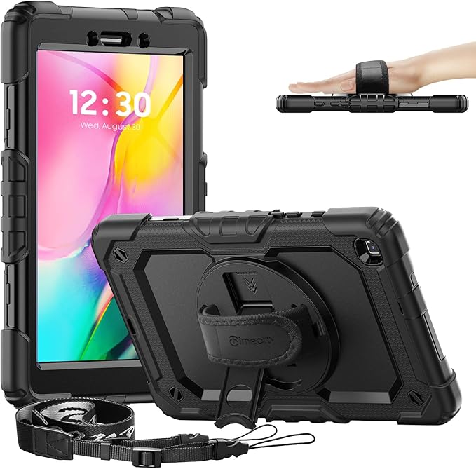 Timecity Case for Samsung Galaxy Tab A 8.0 2019 SM-T290/ T295/ T297 Full-Body Protective Case with Screen Protector Swivel Stand/Handle Shoulder Strap Case for Kids Students Black