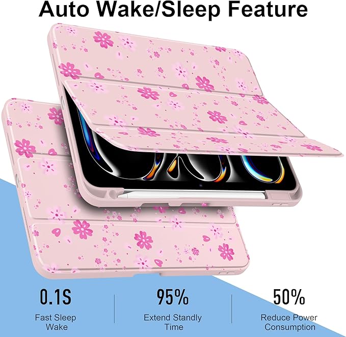 MecBevia Case for iPad Pro 11 inch M5 2025 / M4 2024 (6th/5th Gen) A3357 A3358 A3359 A2836 A2837 A3006 – Built-in Pencil Holder &amp Auto Wake/Sleep Pink Petals