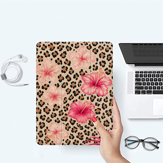 Coquette Leopard Print Case for iPad Pro 13 (M4) 2024 Retro Hibiscus Flower CasePencil Holder &amp Clear Soft TPU Back &amp Trifold Stand Cover for Women (Model Number:A2925/A2926/A3007)