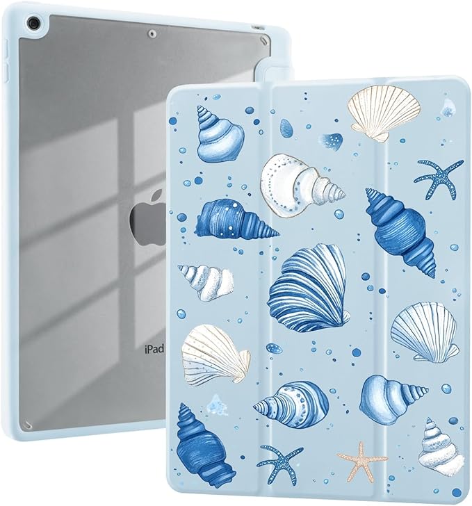 Starfish Seashell Case for iPad 5th/6th Generation(2017/2018) for iPad Air/Air 2 9.7 Inch with Pencil Holder Foldable Blue Leather Cartoon Cover Clear Back Shell Auto Wake/Sleep