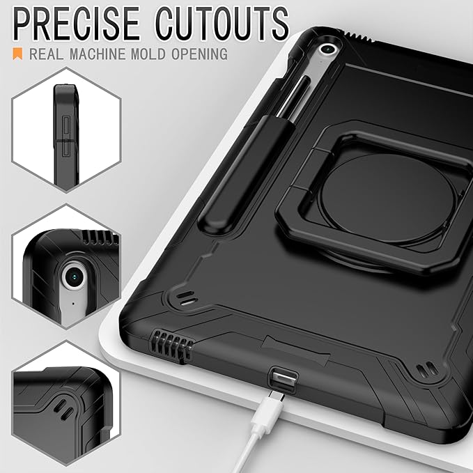 DETUOSI Case for Samsung Galaxy Tab S10 FE Plus 13.1 inch 2025 with Pencil Holder Heavy Duty Shockproof Case with Rotatable Stand &amp Shoulder Strap Black