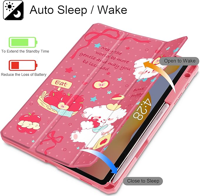 Mektron Case for Samsung Galaxy Tab S6 Lite 10.4 Inch 2024/2022/2020 with S Pen Holder Multi-Angle Viewing with Shockproof Cover Clear Shell + Trifold Stand + Auto Wake/Sleep Cute Puppy-Red