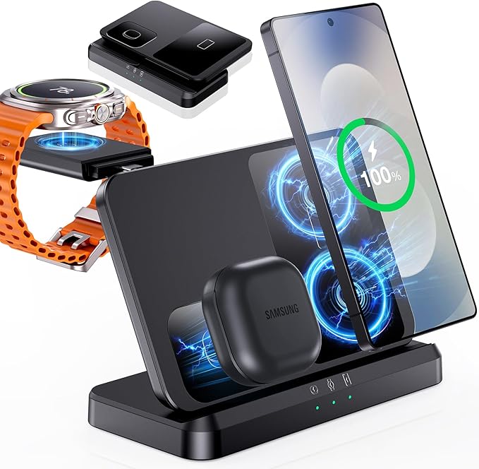 EGV Wireless Charger for Samsung – 3 in 1 Wireless Charging Station for Galaxy S26 Ultra S25 S24 Z Fold Flip 7/6 Detachable Watch Charger for Galaxy Ultra 8/7/6 Foldable Fast Charging No Adapter