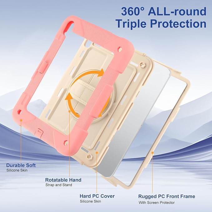 for iPad (A16) 11th Generation case11''(2025)/10th Generation case 10.9'' (2022)360°Rotatable Stand with [Screen Protector&ampPencil Holder&ampShoulder Strap] Shockproof Case (Pink+Beige)