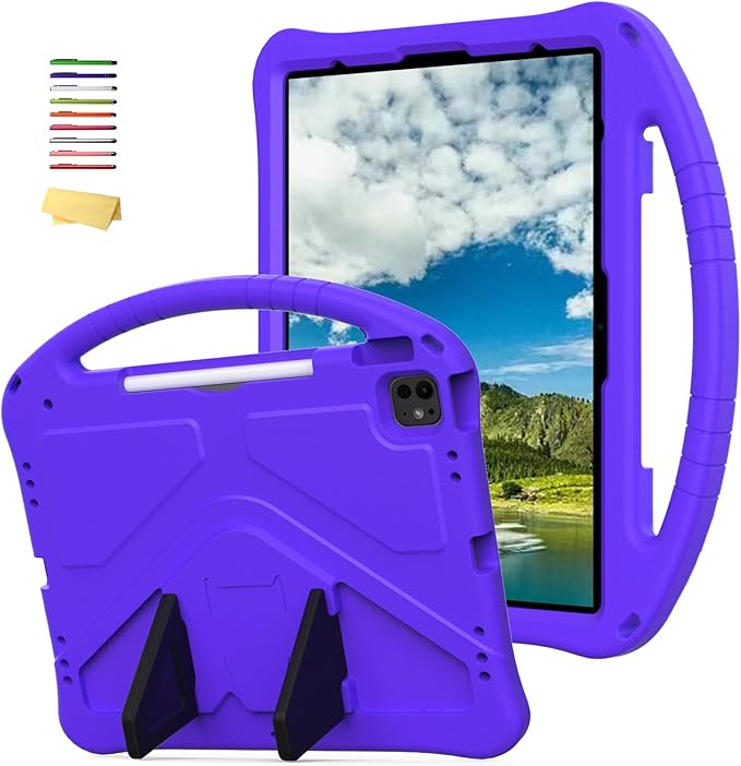 Kids Case for Apple iPad Air 13 inch M3/M2 (2025/2024) Stand Protective Cover with Pencil Holder/Handle Kickstand/Lightweight Soft EVA Foam Shockproof Cover for iPad Air 13 Tablet Purple