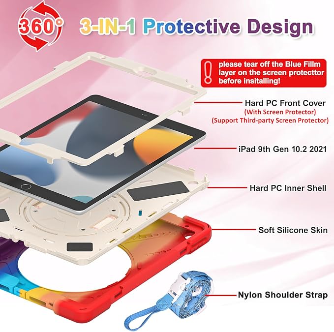 BRAECNstock Kids Case for Apple iPad 9th/ 8th/ 7th Generation 10.2 Shockproof Protective with Screen Protector Pen Holder 360° Rotating Stand+Hand Strap Shoulder Strap Colorful Red
