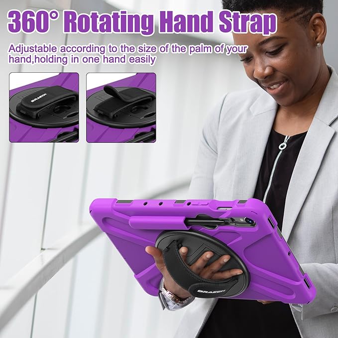BRAECNstock for Samsung Galaxy Tab S10 Lite/ S10 FE/ S9 FE/ S9/ S8/ S7 5G Case 10.9/11 Shockproof Protective Kids Case with Pencil Holder Rotating Hand Strap &amp Stand Shoulder Strap Purple