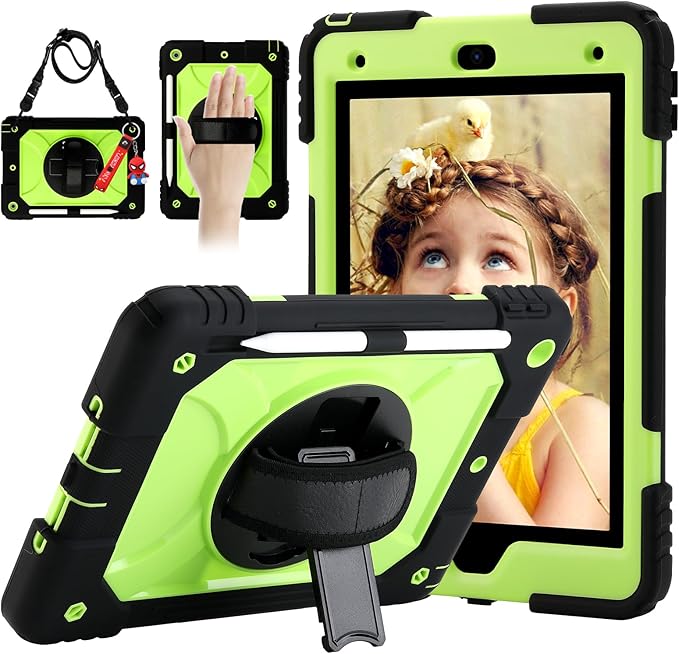for iPad 9th/8th/7th Generation CaseiPad 10.2 Case 2021/2020/2019 with Cute Key Chain Rugged Protective Case with 360°Rotating Stand &amp Shoulder Hand Strap &amp Pen Slot for 10.2 Inch (Black+Ye