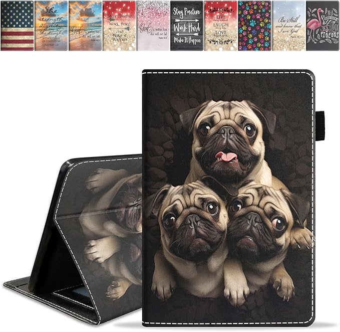 Case for Amazon Kindle Fire 7 Tablet (7 9th/7th Generation 2019/2017 Release) Slim PU Leather Cover with Card Slot &amp Auto Wake/Sleep Funny Pug