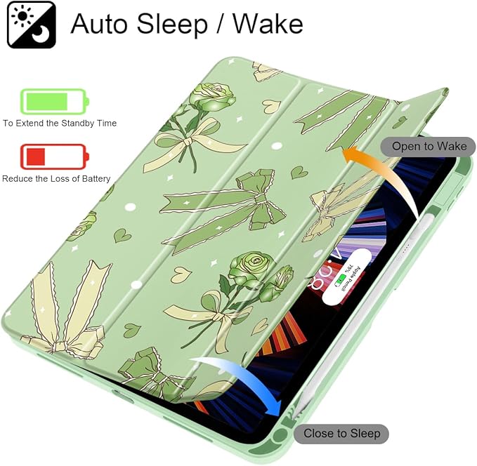 Tuiklol Case for iPad 11 inch (A16 Chip) 2025 Gen 11th / iPad 10.9 inch 2022 10th Gen Buit in Pencil Holder with Shockproof Cover Clear Transparent Back Shell Auto Wake/SleepBow &amp Rose Green