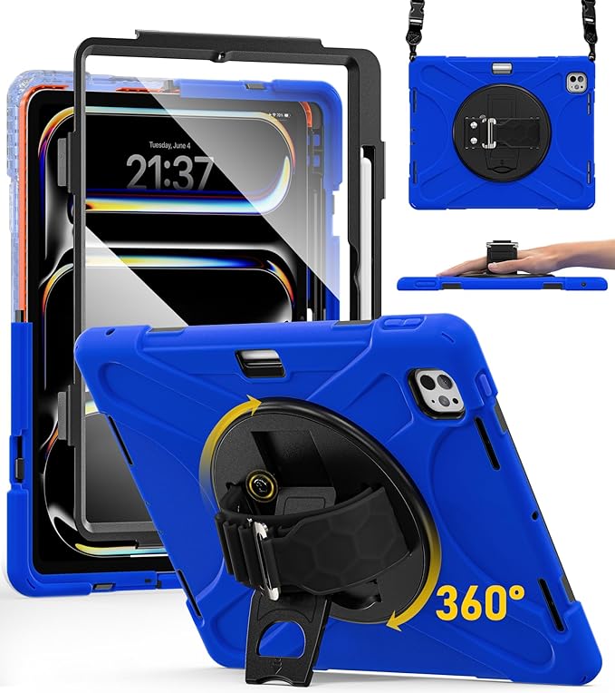 BRAECN for iPad Pro 13 inch Case M5 2025 &amp M4 2024 Heavy Duty Shockproof Protective with Pencil Holder Screen Protector 360°Rotating Stand Handle &amp Shoulder Strap Full Body Cover Kids Friendly