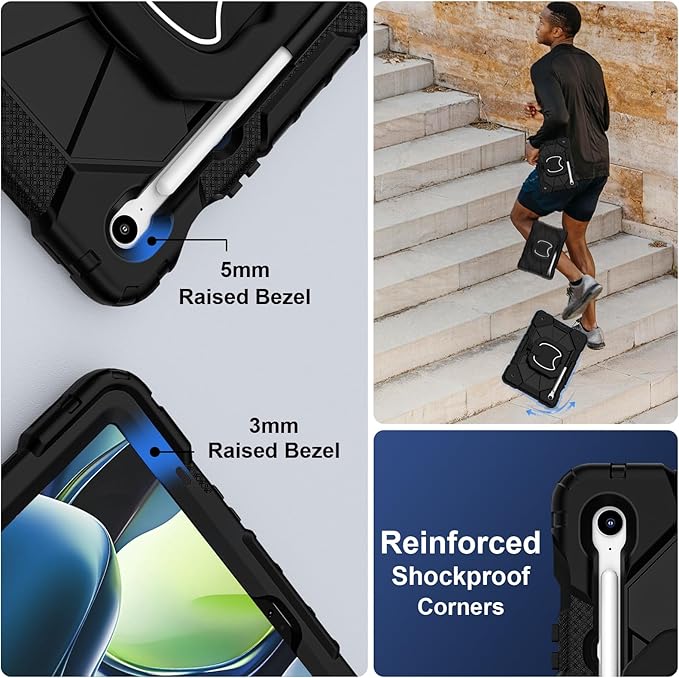 Case for Samsung Galaxy Tab S10 Lite / S10 FE / S9 FE 10.9 Inch &amp Galaxy Tab S9 11 Inch Rugged Samsung S10 Tablet Case with Pen Holder 360 Rotating Stand Shoulder Strap Screen Protector Black
