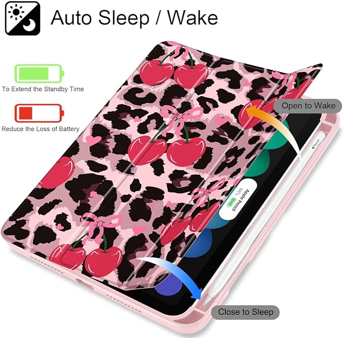 Mektron Printed Case for iPad mini 7 (A17 Pro) 2024/ Mini 6 2021 iPad mini 7th/6th Generation 8.3-inch Liquid Retina Display Cover Buit in Pencil Holder with Clear Back Shell Cherry &amp Cheetah