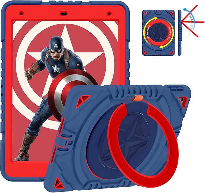XZC iPad 9th/ 8th/ 7th Generation Case (iPad 10.2 Case 2021/2020/2019) Heavy Duty Shockproof Rugged Cover with Rotating Stand/Pencil Holder/Carrying Shoulder Strap (Blue and Red)
