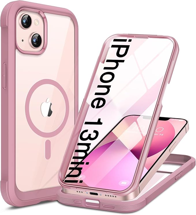Miracase for iPhone 13 Mini Case 5.4with MagSafeBuilt in Screen ProtectorFull-Body Protection(Dark Pink)
