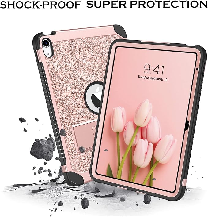 YINLAI Case for iPad 10th Generation iPad Case 10th Generation 2022 10.9-Inch Kid Girl Women Slim Stand Glitter Bling Shockproof Protective Cover for iPad 10th Gen A2696/A2757/A2777 Rose Gold/Pink