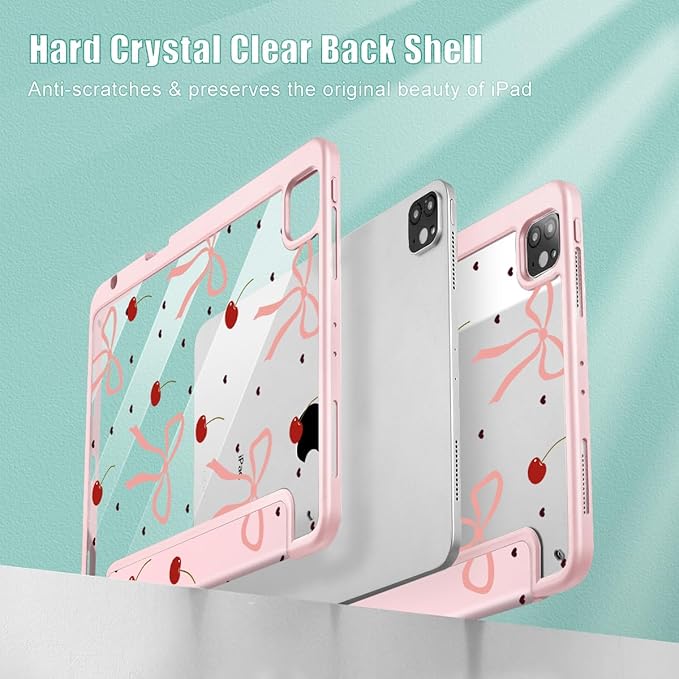Mektron Case for iPad Pro 11 inch (4th 3rd 2nd &amp 1st Gen) 2022 2021 2020 2018 Buit in Pencil Holder with Shockproof Cover Clear Shell + Auto Wake/Sleep Pink Bows-Hearts