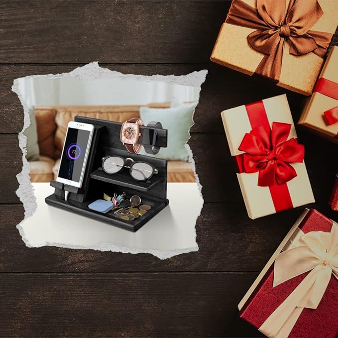 Gifts for Men Bedside Organiser Wood Phone Docking Station Dad Birthday Gifts for Him Nightstand Key Wallet Watch Stand Mens Gifts for Xmas Presents for Dad Husband Boyfriend Anniversary &amp Christm