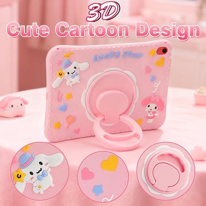 Kids iPad Case for A16 11th Generation 11 Inch 2025 &amp 10th Generation 10.9 Inch 2022 Pink Cute 3D Cartoon Design with 360 Rotatable Kickstand Adjustable Strap Shockproof Protective Cover for Gi
