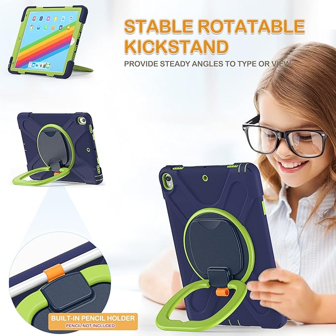 BRAECN Case for iPad Air 3 10.5 Inch 2019 Hybrid Shockproof Rugged Silicone Case with Pencil Holder Folding Hand Grip Stable KickstandCarrying Shoulder Strap for iPad Pro 10.5” 2017-Navy Green