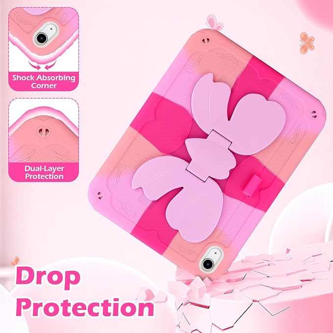 VOFUOE for iPad A16 Case 11th Generation 2025 11 Inch for iPad 10th Generation Case 2022 10.9 Inch for Kids Girls with Sweet Bow Stand Shoulder Strap Pencil Holder Hard Protective Cover-Hot Pink