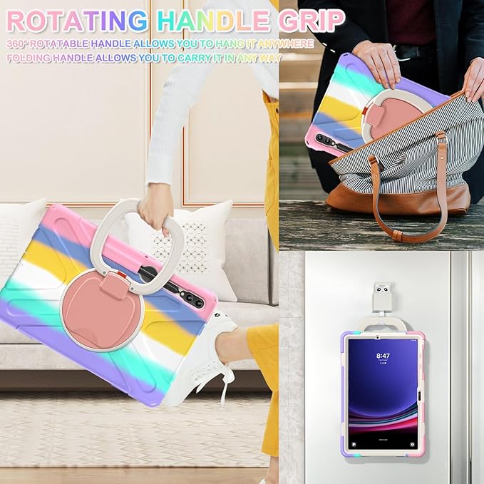 BATYUE Case for Samsung Galaxy Tab S10+ Plus /S9 FE+ Plus /S9+ Plus /S8+ Plus /S7+ Plus /S7 FE 5G 12.4 inch Shockproof Protective Tablet Case with Shoulder Strap Kickstand Rainbow