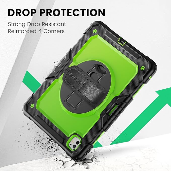 SEYMAC Case for iPad Pro 13 Inch M5 2025 / M4 2024 Heavy Duty Shockproof Protective Case with Screen Protector 360° Rotating Stand Hand/Shoulder Strap and Pen Holder Green
