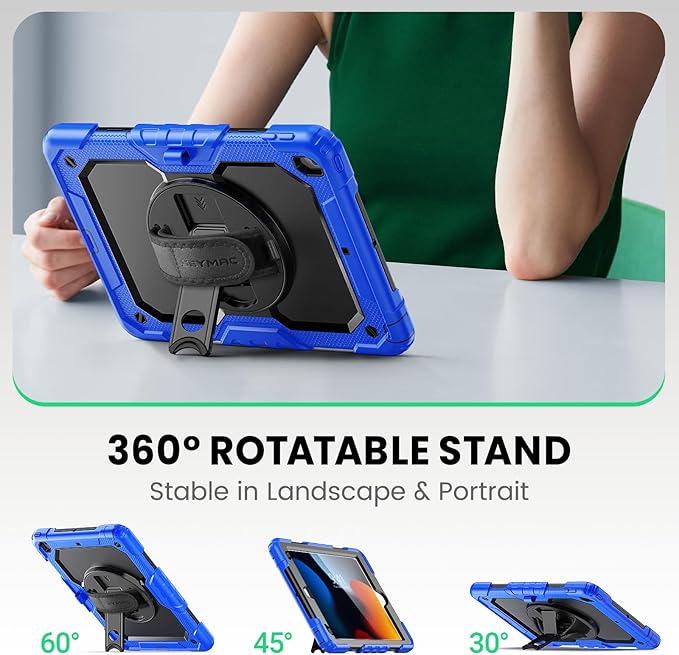 SEYMAC for iPad 9th/8th/7th Generation Case 10.2 2021-2019 Full-Body Shockproof Protective Case with Screen Protector Rotating Stand/Handle/Shoulder Strap for iPad 10.2 Blue/Black