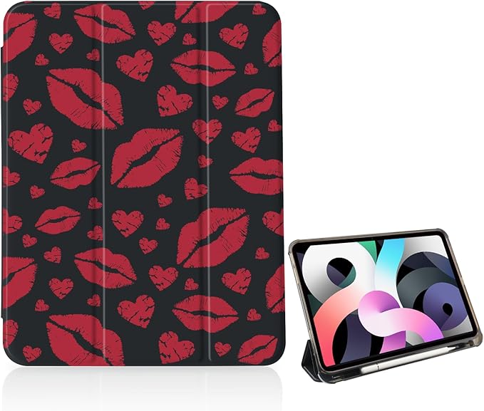 Red Lips Heart Case for iPad 10.2 Inch 9th/8th/7th Gen (2021/2020/2019)[Pencil Holder+Auto Sleep/Wake]Slim Trifold Stand Protective Cover with Soft TPU BackBlack