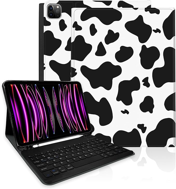 TopPerfekt for iPad Pro 11 4th/3rd/2nd/1st Gen (2022/2021/2020/2018) Keyboard Case Magnetically Absorbent Auto Sleep/Wake Support 2nd Gen Pencil Wireless Charge with Pencil Holder - Black Cow