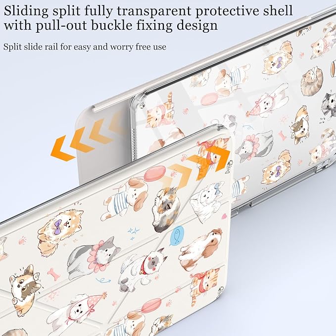 Cute Kawaii Puppy Kitten for iPad Pro 11 Inch Case (M5/M4) 2025/2024 with Pencil Holder Auto Sleep/Wake White Leather Acrylic Back Detachable Cover