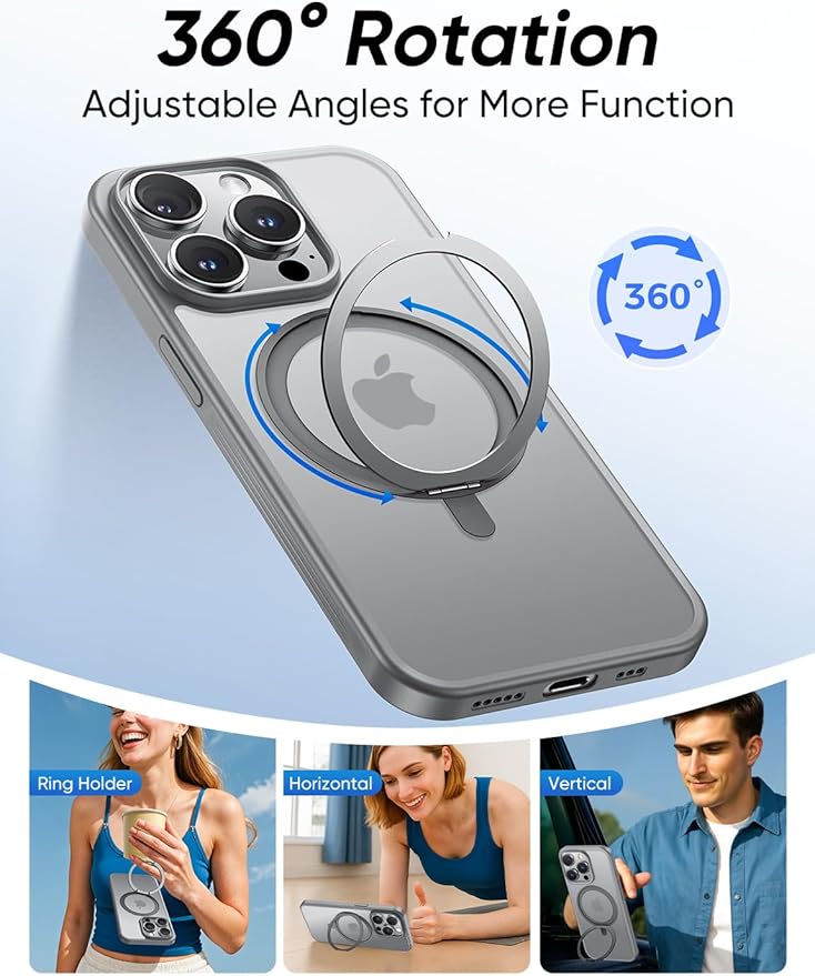 MAGIC JOHN 360° Rotatable Magnetic Invisible Stand for iPhone 15 Pro Max Case [Anti-Slip Grip] [Compatible with MagSafe] 16FT Shockproof for iPhone 15 Pro Max Case with Kickstand Gray